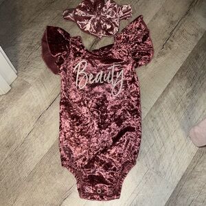 “Beauty” Velvet Leotard with Messy Bow Headband Mauve Pink